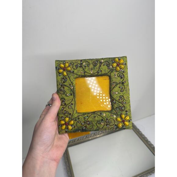 Vintage Boho Hand Embroidered & Beaded Fabric Picture Frame, Green and Yellow - Picture 8 of 10